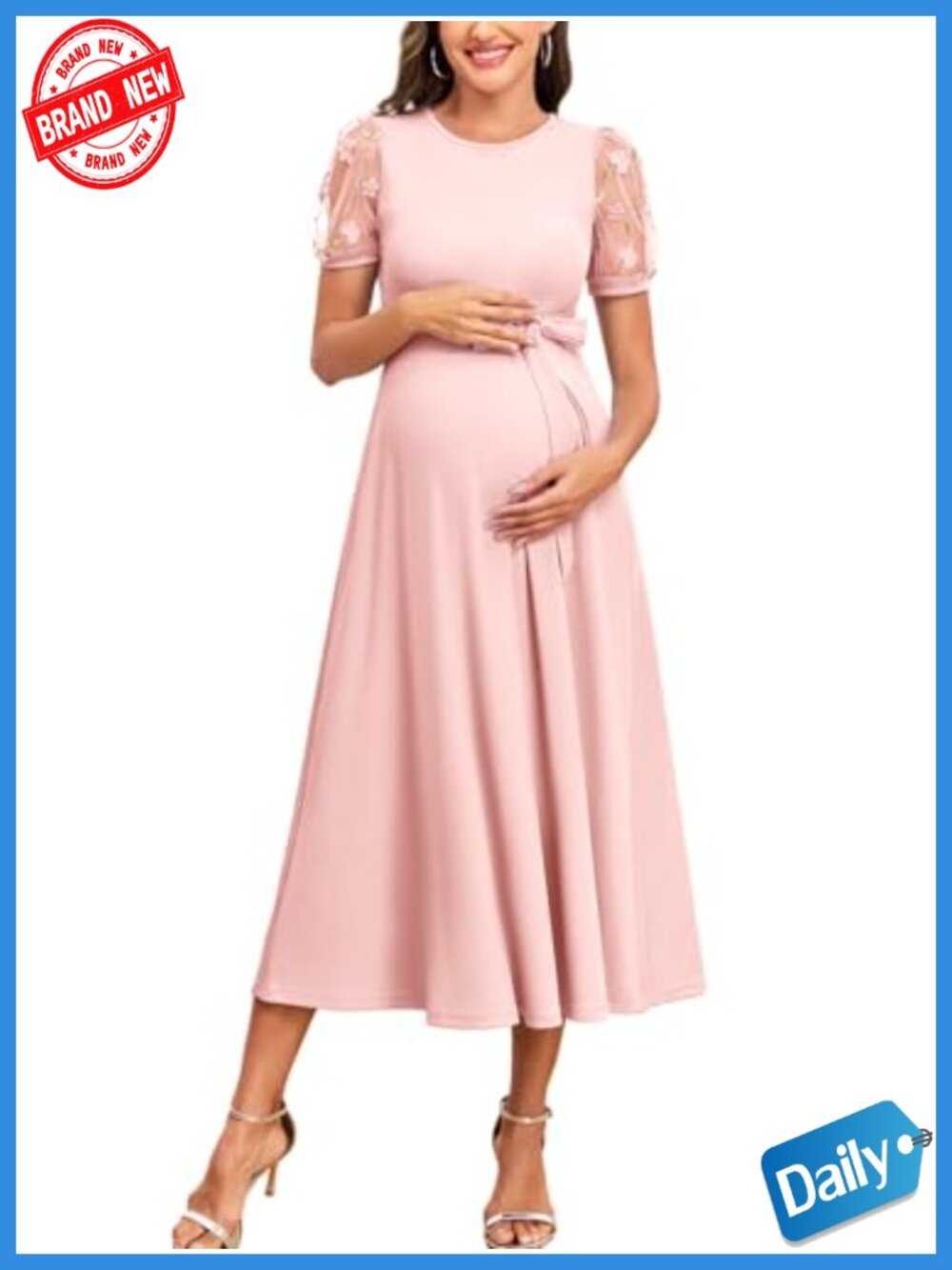 3D Floral Mesh Sleeve Maternity Dress Ribbed Knit Midi A-Line Belted Baby Shower